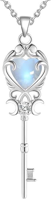Natural Moonstone Crystal Key Necklace for Women, Retro Triple Moon Key Healing Crystal Wiccan Pagan Jewelry Gift