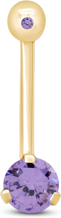 AFFY Internally Threaded Belly Button Navel Ring for Women, Three-Prong Round Simulated Birthstone in 14K Gold Over 925 Sterling Silver, Body Piercing Jewelry Gift