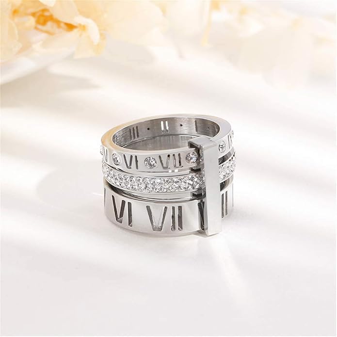 Stainless Steel CZ Zirconia Roman Numeral Ring For Women Stacking Thumb 3 in 1 Spinner Rings