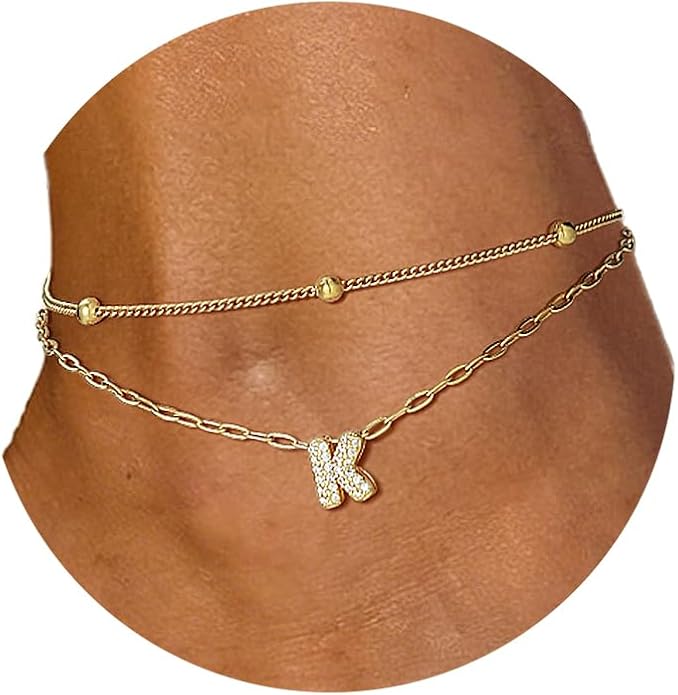 FindChic Silver/14K Gold Plated Layered CZ Initial Ankle Bracelet for Women | Waterproof Stainless Steel, Cubic Zirconia Letter Charm, Non-Tarnish, Hypoallergenic, Adjustable Extender, Summer Jewelry