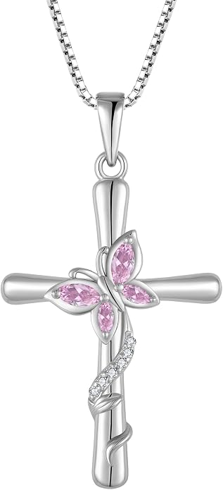 Cross Necklace for Women 925 Sterling Silver Butterfly Necklace Birthstone Pendant Created Gemstone Jewelry Gifts for Women