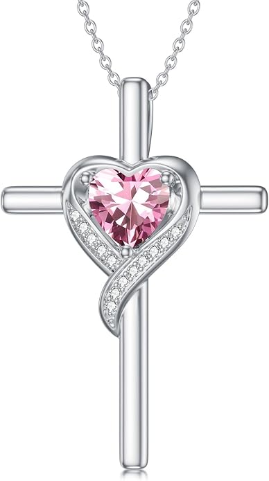 TOUPOP Birthstone Cross Necklace for Women 925 Sterling Silver Heart Cross Pendant Necklace Mothers Day Birthday Jewelry Gifts for Mom Wife Her