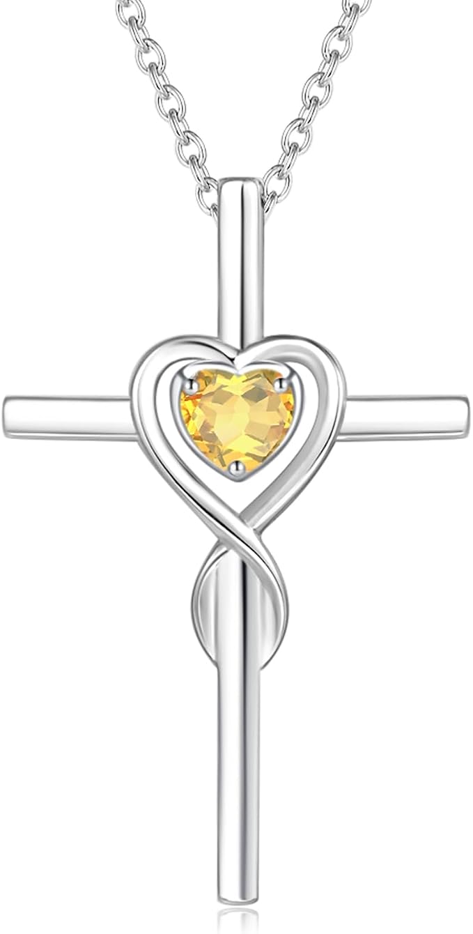 FANCIME Birthstone Cross Necklace for Women Birthstone Necklace Heart Infinity Cross Pendant Necklace Fine Jewelry Christmas Birthday Holiday Gifts for Her, 16"+2" Inches