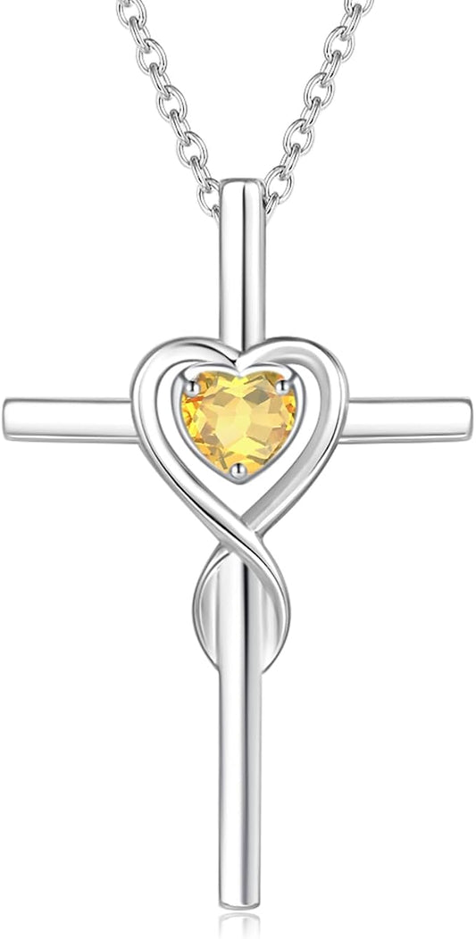 FANCIME Birthstone Cross Necklace for Women Birthstone Necklace Heart Infinity Cross Pendant Necklace Fine Jewelry Christmas Birthday Holiday Gifts for Her, 16"+2" Inches