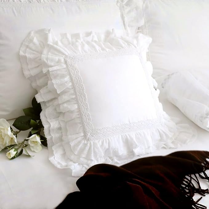 26x26 White Lace Pillow Cases,White Ruffle Throw Pillow Covers Pillowcase Set of 2,Farmhouse Decorative Ruffle Pillow Covers,Handmade Lace Pillow Cases