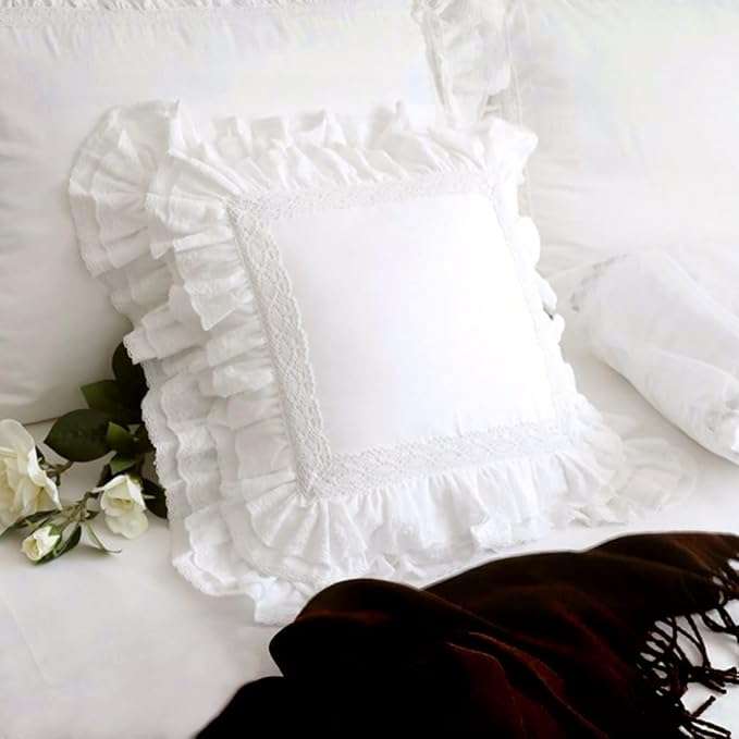 12x20 Pillow Covers, White Lace Square Cushion Cover 100% Cushion Throw Pillow Cover Pillowcase Set of 2, Decorative Cushion case,Handmade Pillowcase with Ruffles