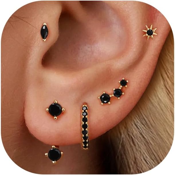 6 Pairs 14K Gold Plated Stud Earrings for Women, Hypoallergenic Cartilage Earrings for Multiple Piercing, Dainty Small Stackable Earrings Set for Jewelry Gift