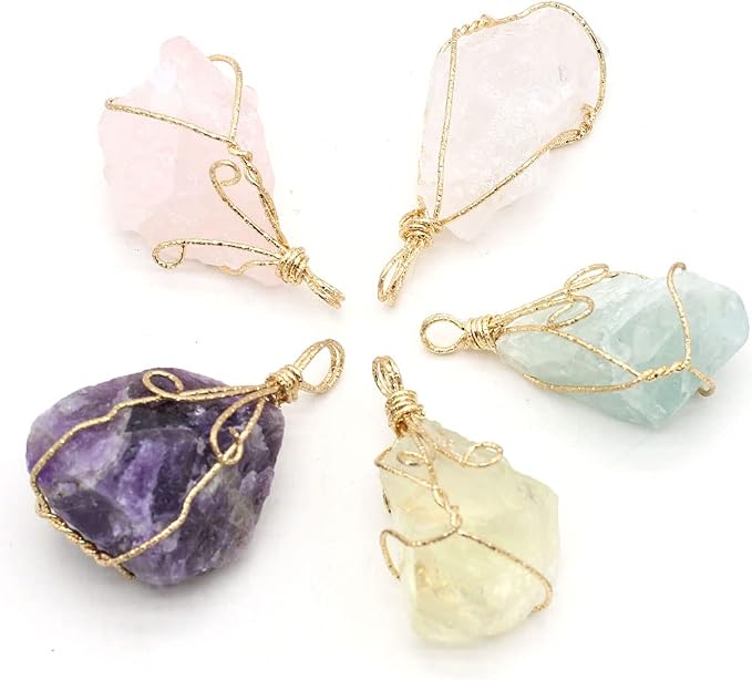 LHJ 6 Pcs Natural Raw Crystal Pendants Irregular Reiki Healing Energy Stone Copper Wrapped for Jewelry Making Necklace Meditation Balance