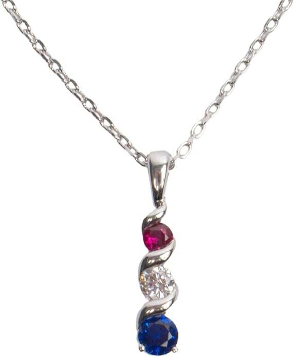 Silver Smile Sterling Silver 3 Birthstone Pendant for Women – Lab-Grown Ruby, White & Blue Gemstones – Hypoallergenic & Tarnish Resistant – 925 Rhodium-Plated Pendant – Elegant Patriotic Gift for Her