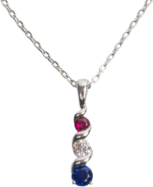 Silver Smile Sterling Silver 3 Birthstone Pendant for Women – Lab-Grown Ruby, White & Blue Gemstones – Hypoallergenic & Tarnish Resistant – 925 Rhodium-Plated Pendant – Elegant Patriotic Gift for Her