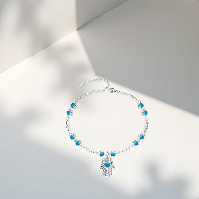 Anklets for Women S925 Sterling Silver Hand of Fatima Charm Dainty Evil Eye Hamsa Hand Anklet Adjustable Turquoise Jewelry Mothers Day Gifts for Mom