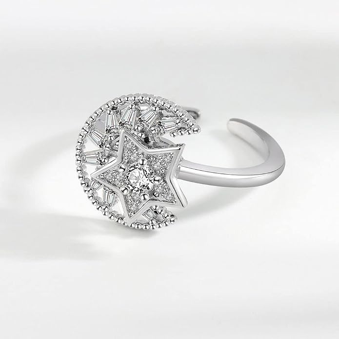 Fidget Ring Anxiety Spinner Ring Open Adjustable Sunflower Star Moon Windmill Butterfly Rings Daisy Stress Relieving Fidget Women Cubic Zirconia Anti Stress Mood Rotate Inspirations Jewelry