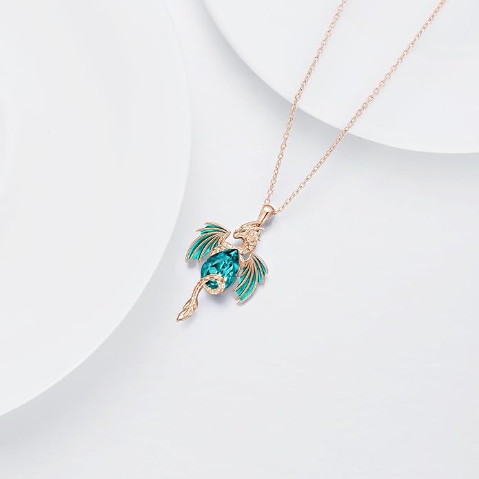 Dragon Necklace for Men Sterling Silver Birthstone Wyvern Necklace Embllished with Teardrop Shaped Crystal Jewelry for Women