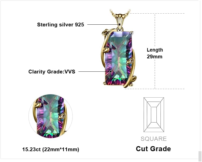 JewelryPalace Multicolor Luxurious 15.2ct Rectangle Genuine Mystic Quartz Pendant Necklaces for Women, 14K White Yellow Rose Plated Gold 925 Sterling Silver Natural Gemstones, 18 Inches Chain