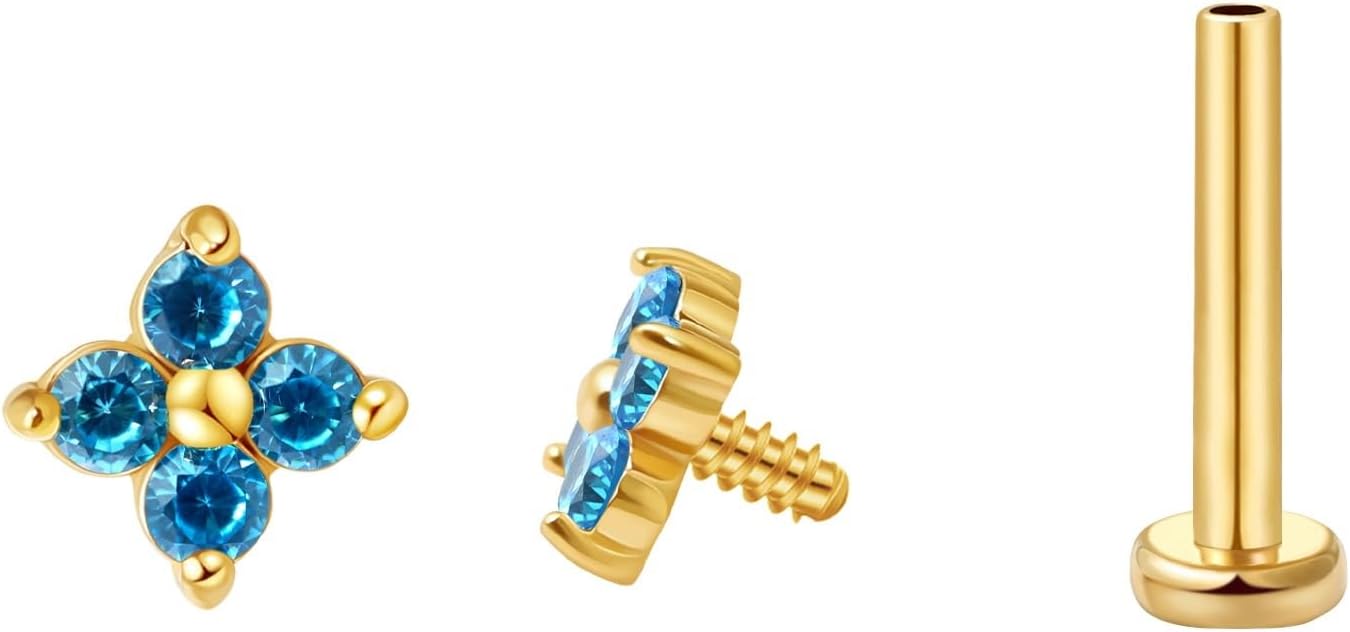 FANSING CZ Flower Internally Threaded Flat Back Earring Labret Stud for Cartilage Tragus Helix Conch
