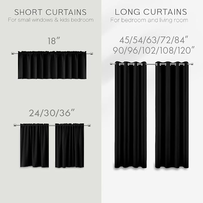 KOUFALL 54 Inch Curtains Length 2 Panels Set,Room Darkening Grommet Insulated Thermal Short Sundown Solar Curtains for for Bedroom,Black