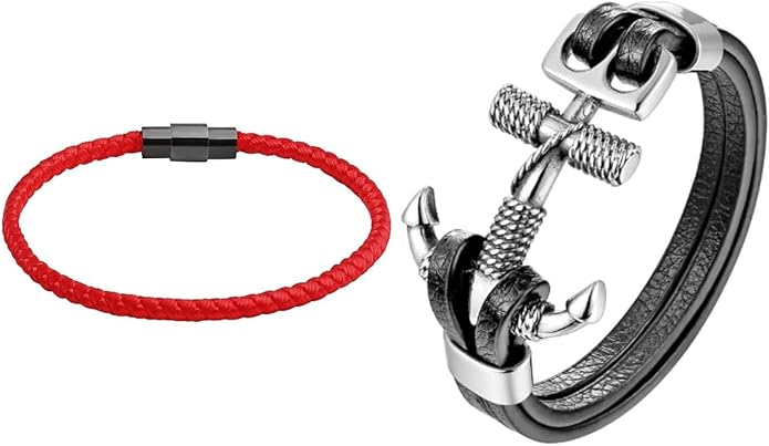HAQUIL Red Lucky Paracord and Rope Anchor Black Leather Bracelets, Durable Unisex Braided Cord with Stainless Steel Closure