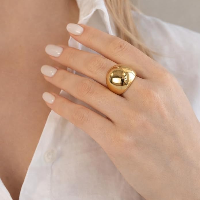 QueenBee Chunky Dome Adjustable Ring for Women, Bold Statement Open Ring, Minimalist Wide Dome Ring, Gold or Silver Plated Fashion Jewelry Gift for Women