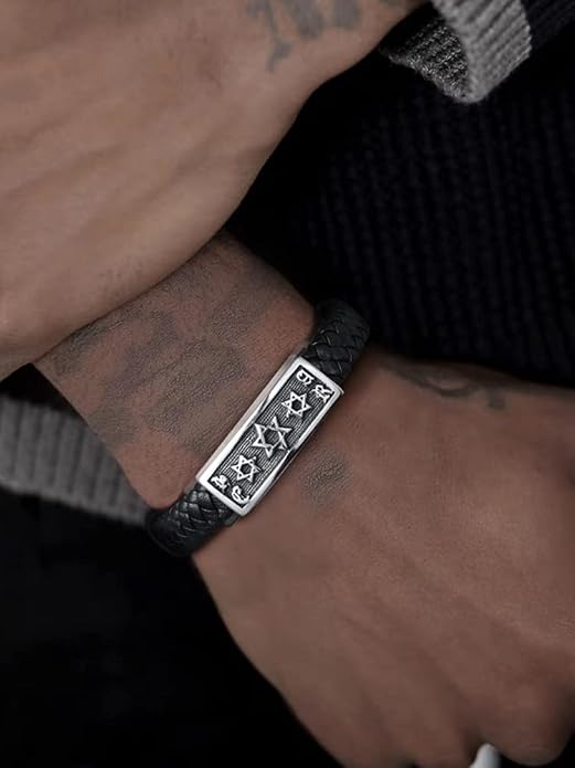 ChainsHouse Mens Wrap Braided Leather Black Bead Bracelets Bangles, Vintage Star of David/Wing Skull/Templar Cross Genuine Leather Bracelet, Customize Available, Size 7.5/8.3/9.0 Inch, Send Gift Box