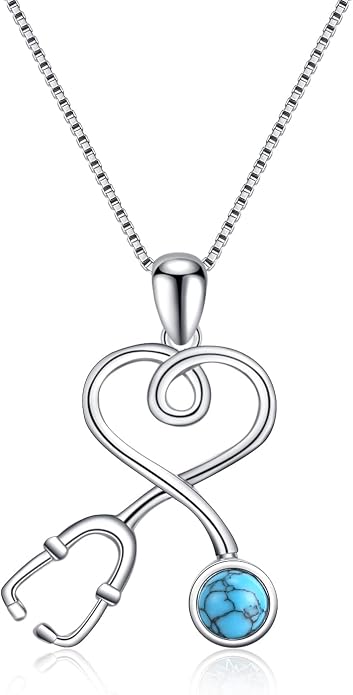 AOBOCO Stethoscope Necklace 925 Sterling Silver Embellished with 12 Months Birthstone Crystals from Austria, Graduation Gifts Medical Jewelry for Doctor Nurse Medical Student RN