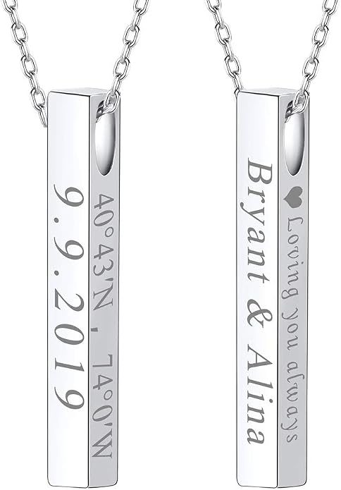 U7 Engravable Bar Necklace, Womens Choker Necklace Stainless Steel Custom Engrave Text Horizontal/Vertical Bar Pendant Necklaces for Men Women