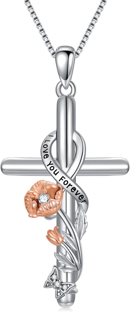 Cross Necklace for Women 925 Sterling Silver I Love You Necklace Religious Jewelry with Gift Box for Mother Daughter