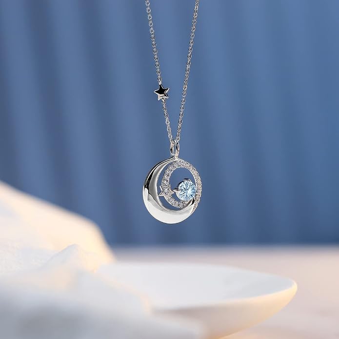 FANCIME Birthstone Necklaces 925 Sterling Silver Moon and Star Pendant Fine Jewelry Birthday Mothers Day Gifts for Mom Wife Her Daughter, Adjustable Chain 16+2"