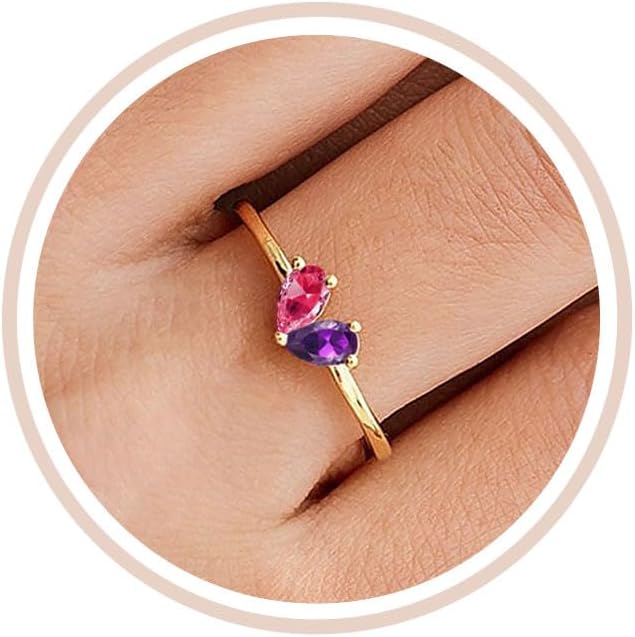Mothers Day Gifts Gold Heart Birthstone Rings for Women Non Tarnish Stackable Pinky Ring Dainty 14K Gold Plated CZ Gemstone Ring Wedding Promise Ring Birthday Jewelry Gift for Mom