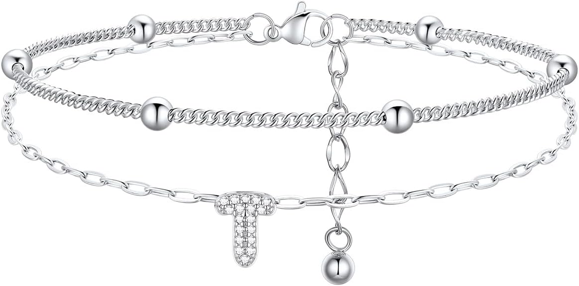 FindChic Silver/14K Gold Plated Layered CZ Initial Ankle Bracelet for Women | Waterproof Stainless Steel, Cubic Zirconia Letter Charm, Non-Tarnish, Hypoallergenic, Adjustable Extender, Summer Jewelry