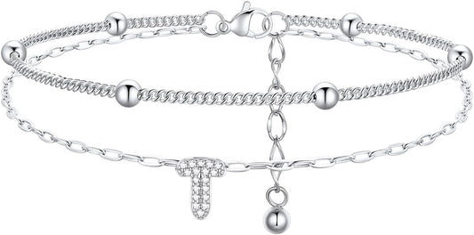 FindChic Silver/14K Gold Plated Layered CZ Initial Ankle Bracelet for Women | Waterproof Stainless Steel, Cubic Zirconia Letter Charm, Non-Tarnish, Hypoallergenic, Adjustable Extender, Summer Jewelry