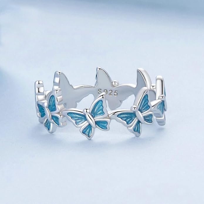 925 Sterling Silver Dainty Daisy Butterfly Paw Heart Eternity Rings Blue Flower Finger Rings for Women Stacking Promise Rings Gift Jewelry
