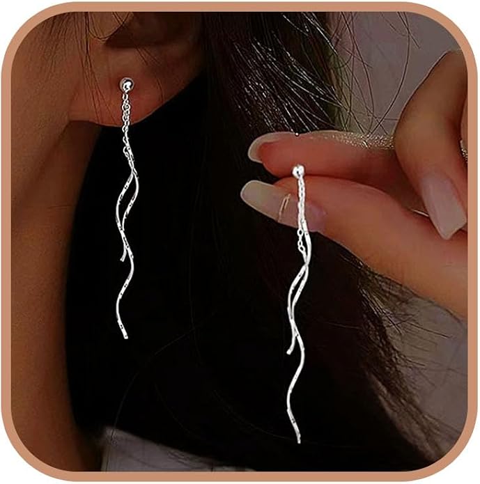 925 Sterling Silver Dainty Hard Wire Threader Dangle Earrings for Women 14k Gold Plated Tassel Threader Pull Through Long Half Hoop Earring Wedding Bridal Birthday Jewelry Gifts