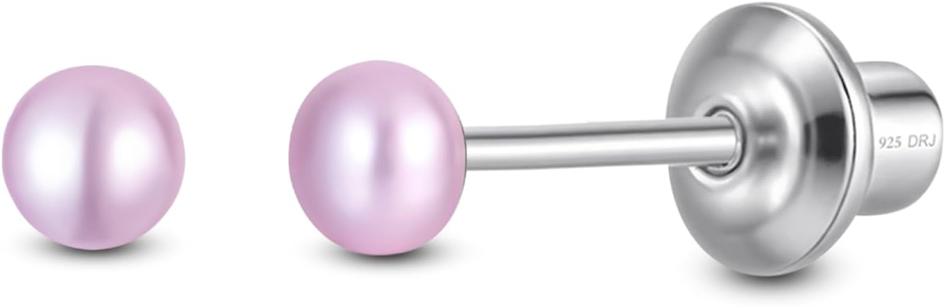 Pearl Screw Back Stud Earrings for Baby, Toddler, Girls | Hypoallergenic 925 Sterling Silver Screwback Safety Earrings | Simulated Pearl Studs for Sensitive Ears | Keepsake Gift for Birthdays Holidays Special Occasions