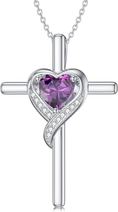 TOUPOP Birthstone Cross Necklace for Women 925 Sterling Silver Heart Cross Pendant Necklace Mothers Day Birthday Jewelry Gifts for Mom Wife Her