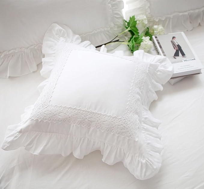 12x20 Pillow Covers, White Lace Square Cushion Cover 100% Cotton Throw Pillow Cover Pillowcase Set of 2, Decorative Cushion case,Handmade Pillowcase with Ruffles