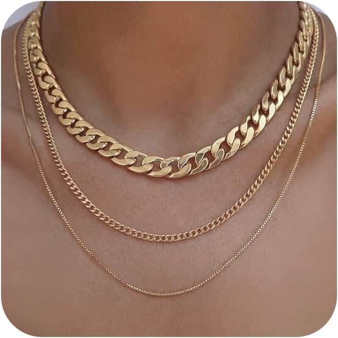 Tewiky Layered Necklaces for Women Non Tarnish- Chunky 14k Gold Plated Herringbone/Snake/Rope/Box/Cuban Link Chain for Women Waterproof Layering Stack Choker Necklace Trendy Dainty Tarnish Free Jewelry Set