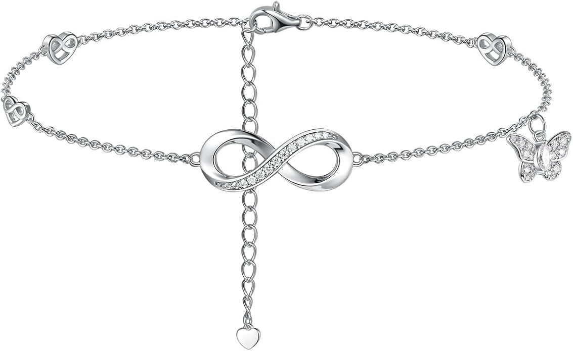 Moissanite Infinity Anklet for Women, Real Authentic 925 Sterling Silver Hypoallergenic, Beautiful Summer Jewelry, Dainty Ankle Bracelet, 8.6-10.6inch (21-26cm) Adjustable