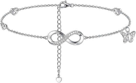 Moissanite Infinity Anklet for Women, Real Authentic 925 Sterling Silver Hypoallergenic, Beautiful Summer Jewelry, Dainty Ankle Bracelet, 8.6-10.6inch (21-26cm) Adjustable