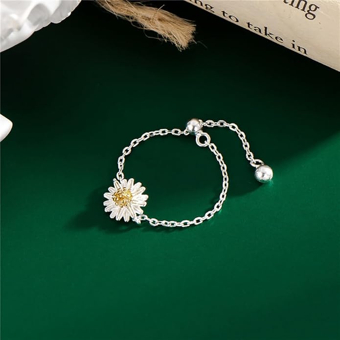 Cute Daisy Flower Chain Tassel Ring for Women 925 Sterling Silver Floral Link Tiny Bead Ball Dangle Adjustable Stacking Statement Finger Bands Promise Eternity Rings Dainty Birthday Jewelry Gifts for Mom