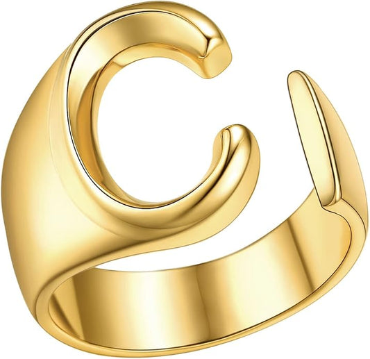 FindChic Customizable Initial Ring Statement 18K Gold Plated Fashion Cuff Rings for Women Alphabet Letter A to Z Resizable Knuckle Ring (with Gift Box)