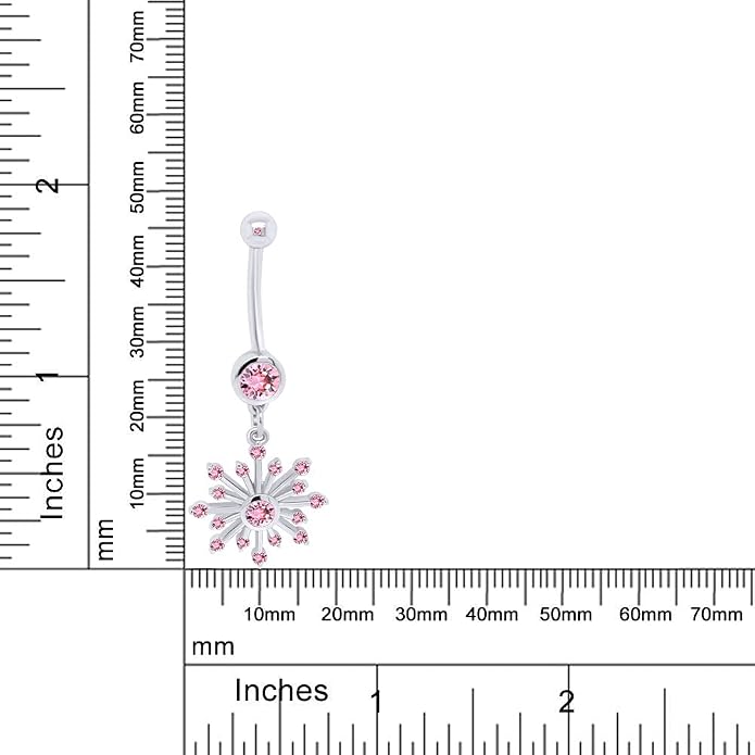 AFFY Snowflake Belly Button Ring for Women Simulated Birthstone, Round Cut Gemstone in 14K Gold Over 925 Sterling Silver, Navel Barbell Piercing Jewelry for Her