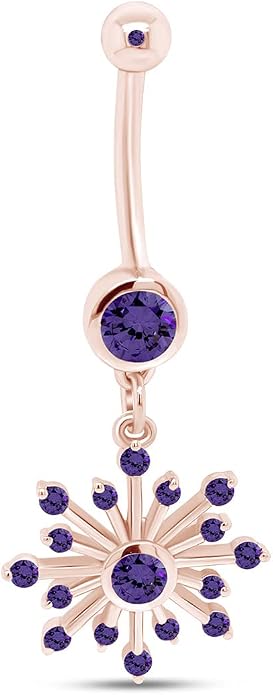 AFFY Snowflake Belly Button Ring for Women Simulated Birthstone, Round Cut Gemstone in 14K Gold Over 925 Sterling Silver, Navel Barbell Piercing Jewelry for Her