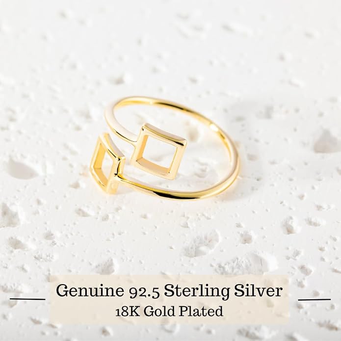 18k Gold Plated Simple Minimalist Square Adjustable Stackable Halo Ring Band for Women Valentines Day Gifts for Her Comes with a Gift Box