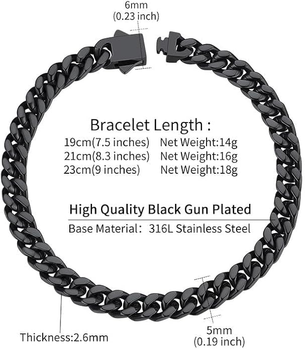 ChainsHouse Stainless Steel Cuban Link Bracelet for Men, 5mm/7mm/9mm/12mm Width, 7.5"/8.3"/9" Length, Black/18K Gold Plated Chain Wrist Bracelets for Men, with Gift Box