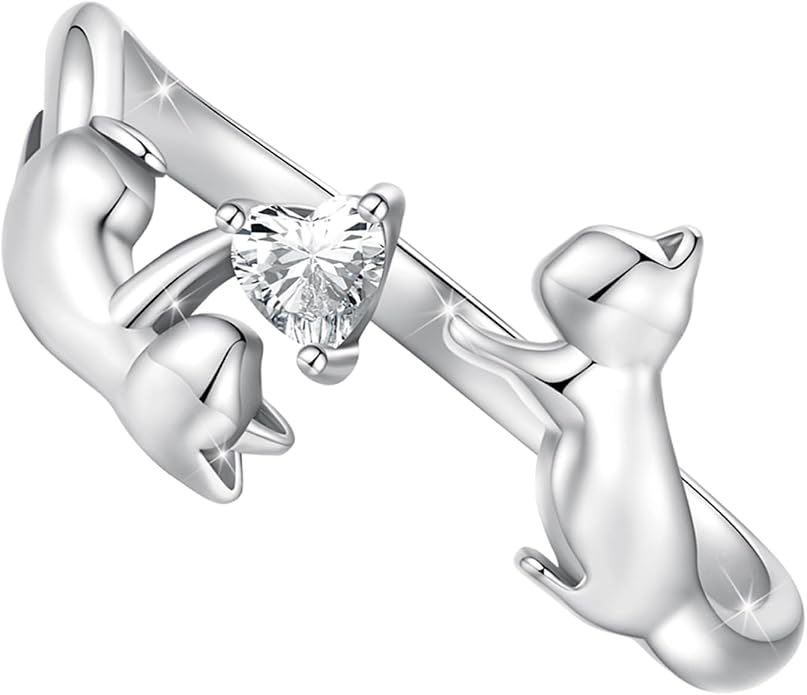 Animal Open Adjustable Ring Playful Cat Dachshund Snake Koi Fish Hummingbird Bat Heart Feather Stacking Ring for Women, Sterling Silver Plated Pet Memorial Jewelry Gift for Cat Lovers