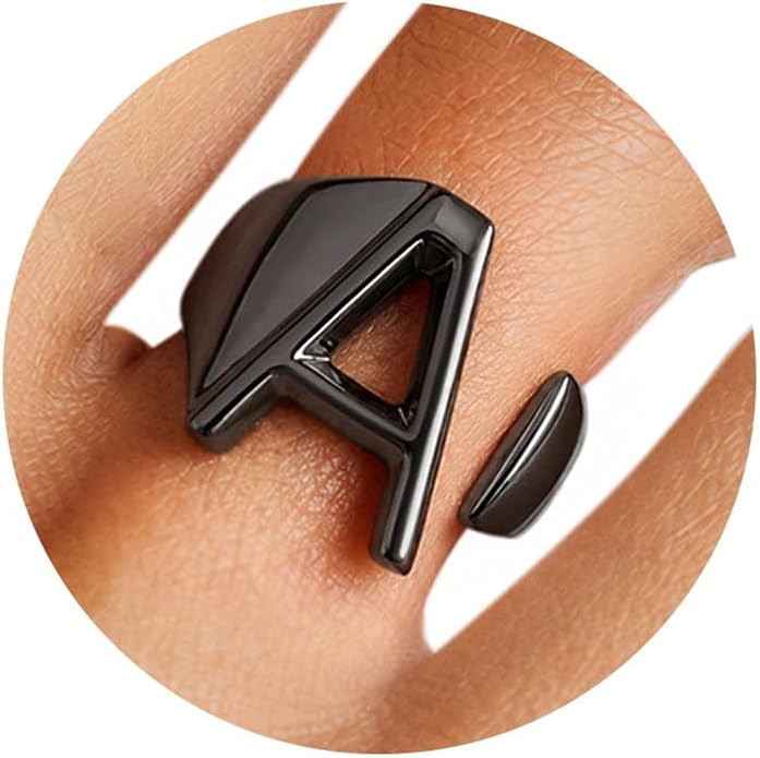 KeyStyle Bold Initial Letter Rings Adjustable, GoldChic Jewelry Women Gold Statement Ring Personalized Engraved Women’s Open Signet Ring for Party (Gold, White Gold, Black)