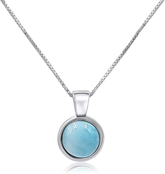 Natural gemstone 8mm round pendant with white gold over 925 sterling silver bezel cabochon plate and box chain, real genuine dainty birthstone gift for her, uniquelan jewelry