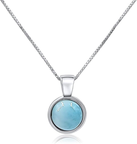 Natural gemstone 8mm round pendant with white gold over 925 sterling silver bezel cabochon plate and box chain, real genuine dainty birthstone gift for her, uniquelan jewelry