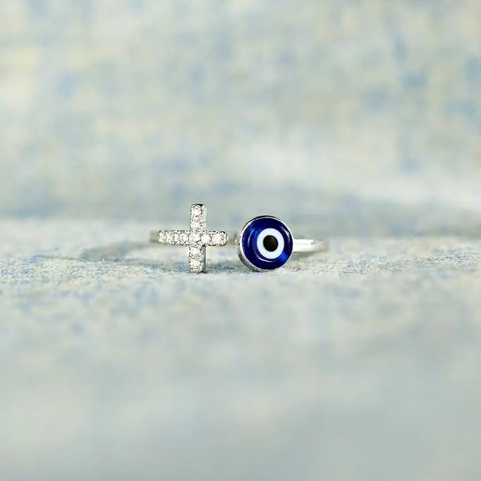 Adjustable Evil Eye Ring Silver Dainty Open Adjustable Rings Cross Evil Eye Jewelry for Women Energy Protection Ring