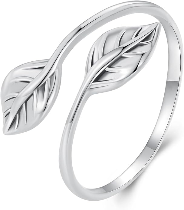 MUNDELL 925 Sterling Silver Simple Multi-layer Leaf Adjustable Ring Green Lucky Leaves Statement Ring for Women Promise Ring Fine Jewelry